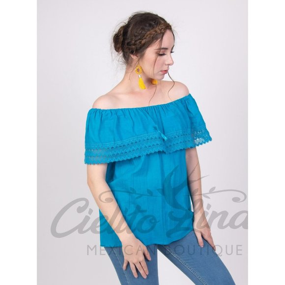 Mexican Off The Shoulder Blouse Solid Turquoise - Picture 6 of 6